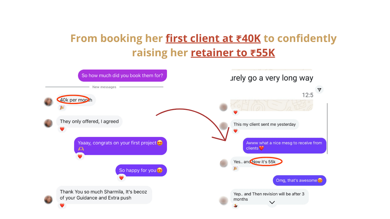 Student success story about booking a first client and raising her retainer